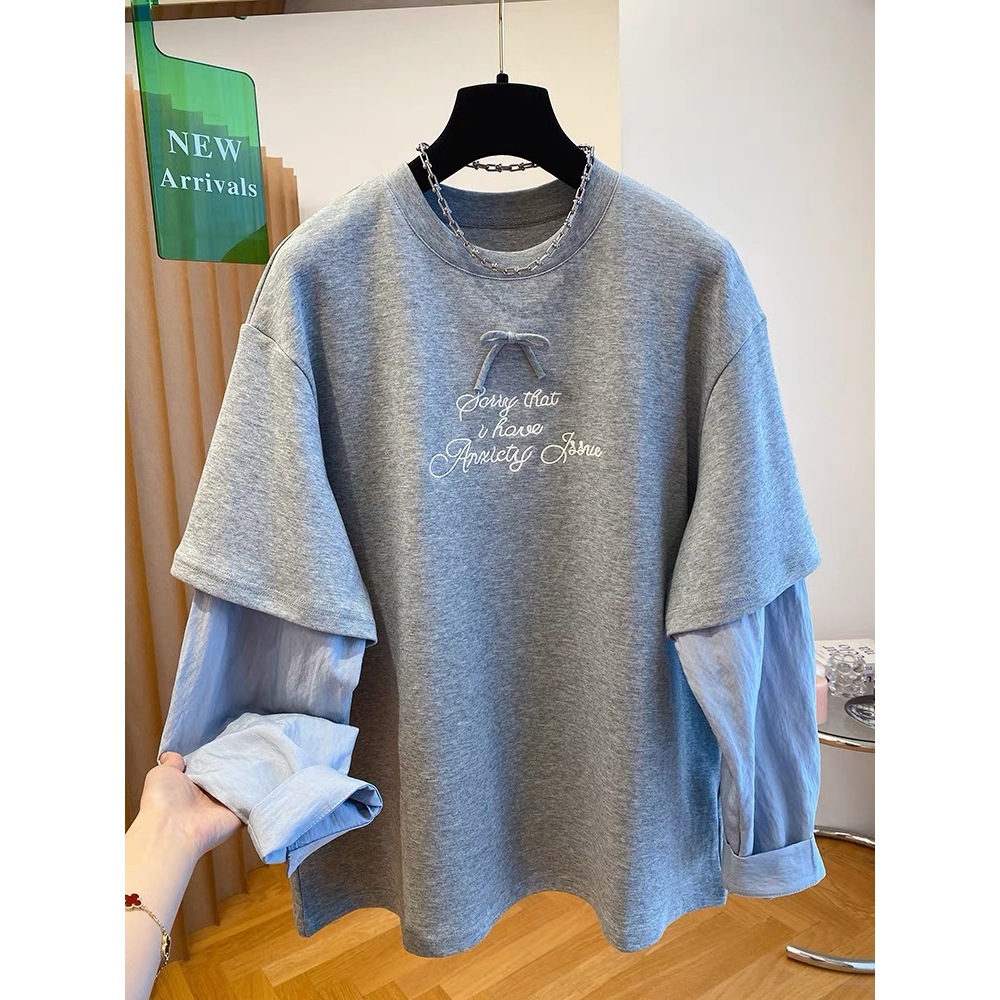 Korean-style Relaxed Faux Two-piece Long-sleeve Top