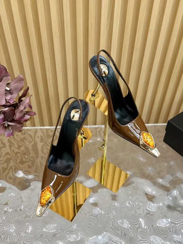 Gem Square Toe Stiletto Heel Hollow High Heel Shoes Brown - Shop at LoveMi