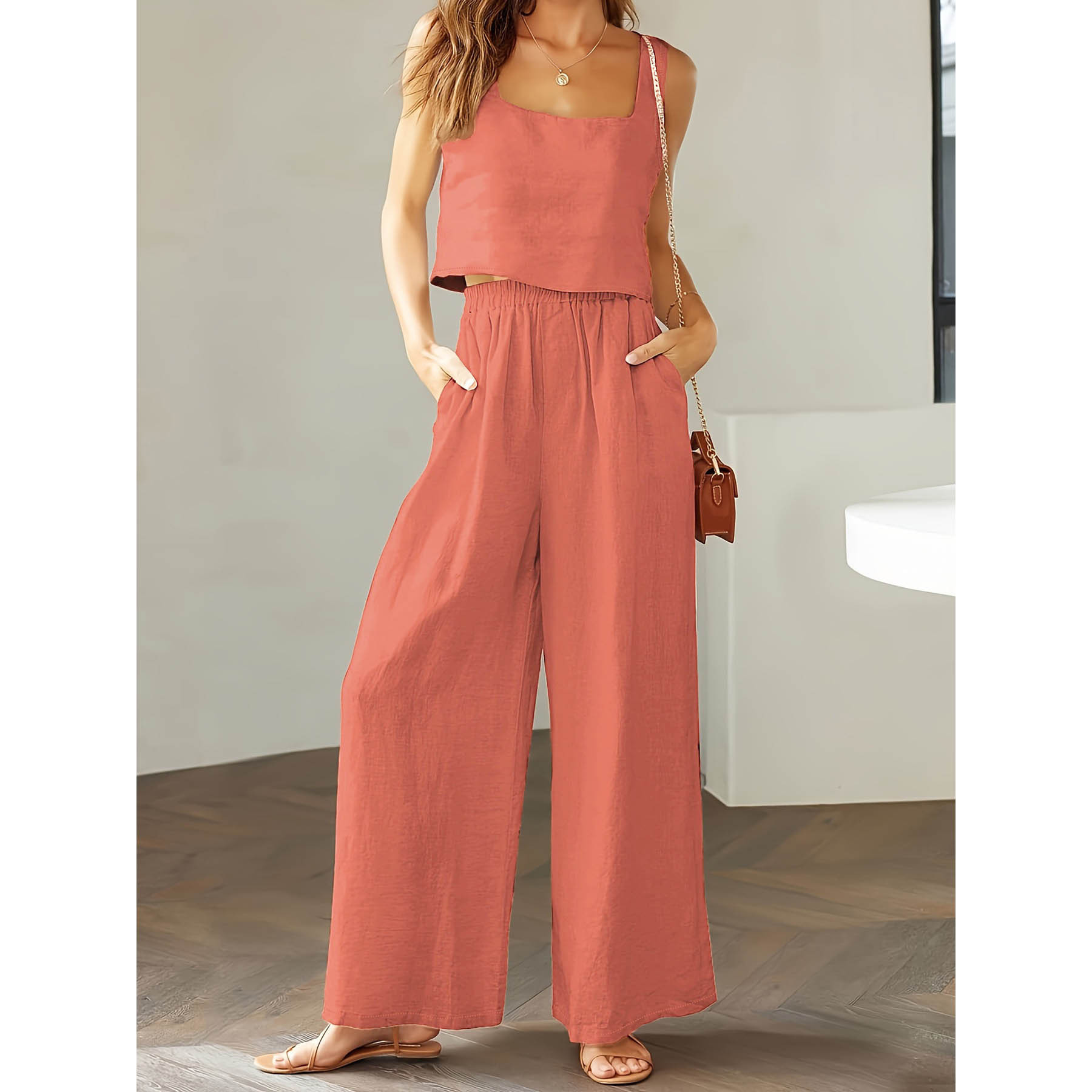 Square Collar Sleeveless Camisole Wide Leg Pants Leisure Suit – Orange, S