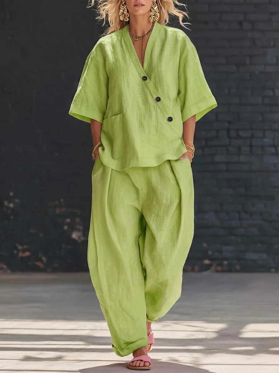 Yellow green V-neck short sleeve top and high-waist trousers two-piece set – loose fit elegant commuter women's fashion