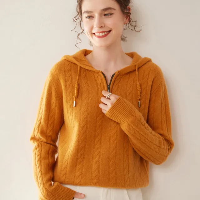 Cashmere Sweater Women's Hooded Twist Half open Collar Sweater Golden Autumn Orange - Shop at LoveMi