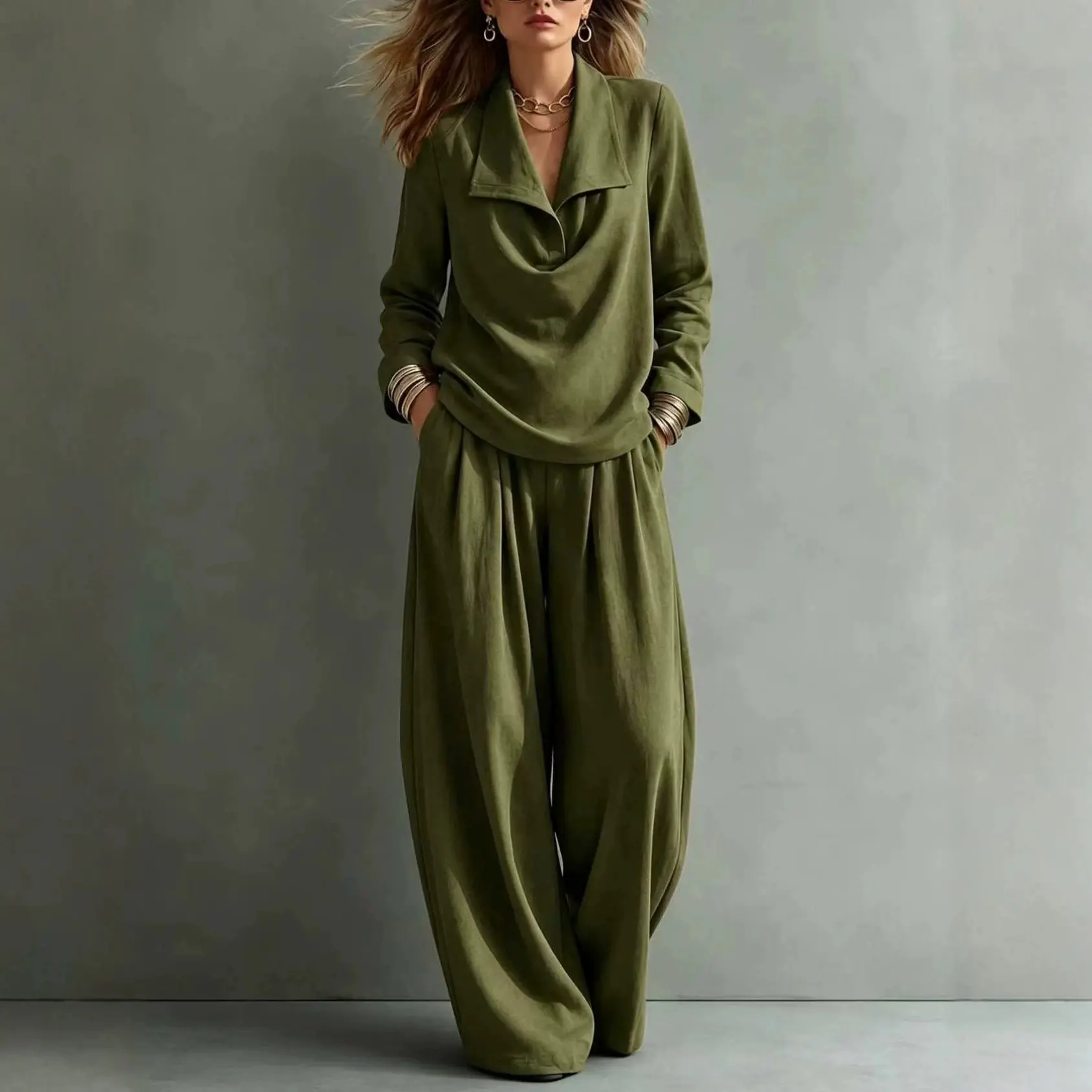 Turn-down Collar Hoodie With Pocket Casual Pantscasual