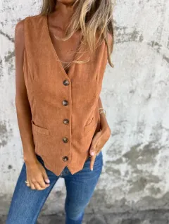 Solid Color Sleeveless Loose Casual Top Vest - Brown - View 1