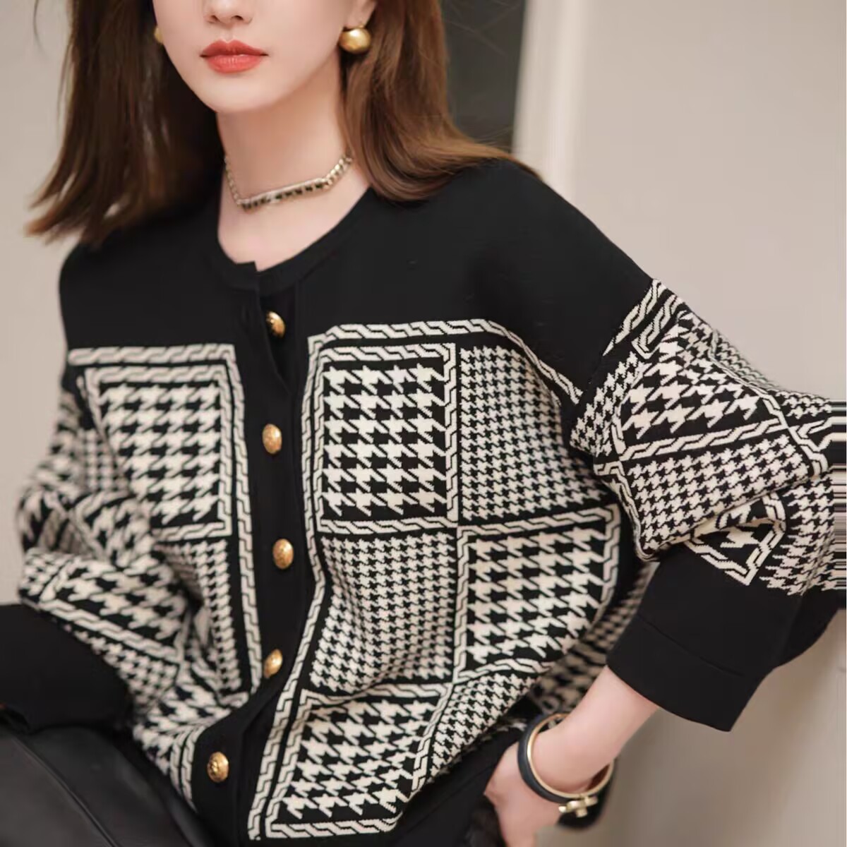 Title 6, Plus Size Retro Houndstooth Knitwear For Women