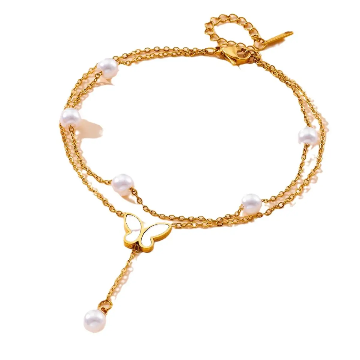 Fashion Double Layer Pearl Butterfly Titanium Steel Color-Preserving Anklet