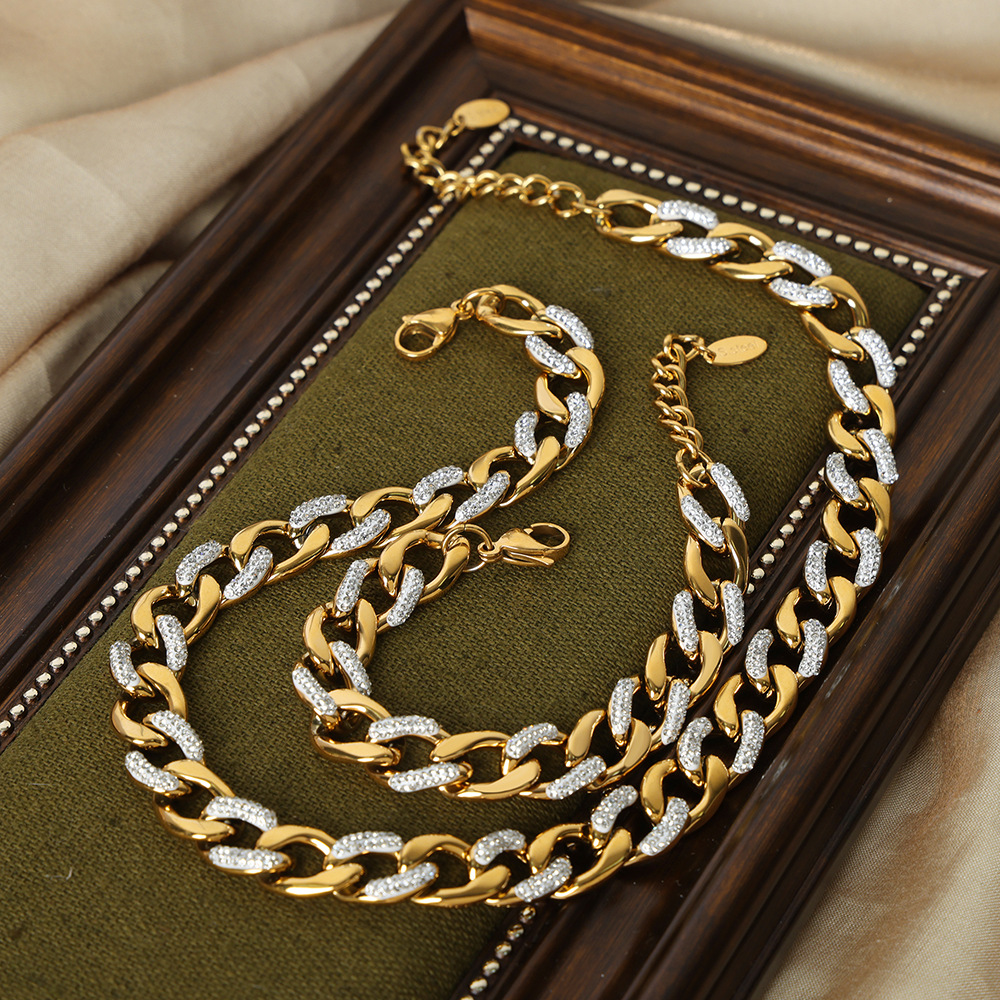 French Style Cool Style Affordable Luxury Fashion Gentle Elegant Jewelry Cuban Link Chain Diamond-studded Design Titanium Steel Gold-plated Jewelry Suit