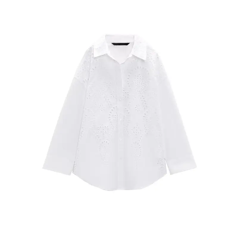 Long Sleeve Lapel Versatile Casual Top Hollow Embroidery Loose Shirt