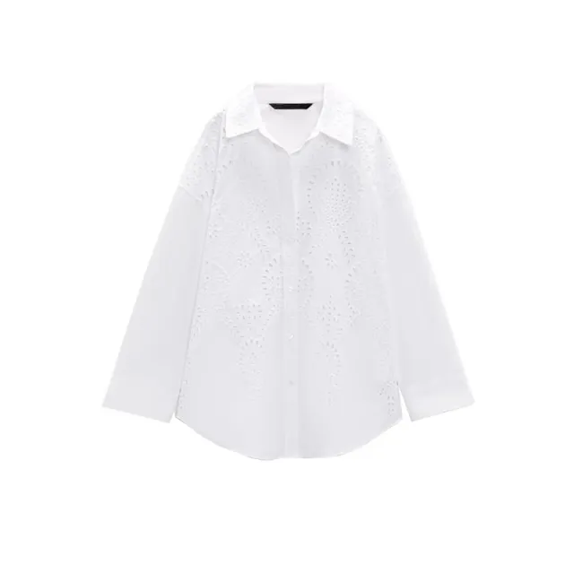 Long Sleeve Lapel Versatile Casual Top Hollow Embroidery Loose Shirt White - Shop at LoveMi