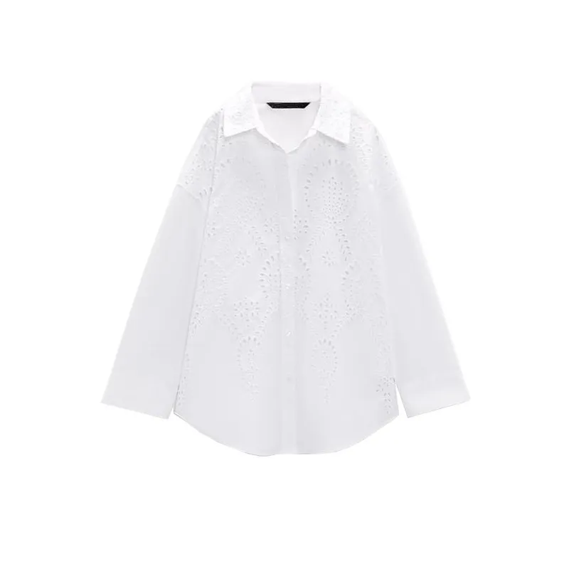 Long Sleeve Lapel Versatile Casual Top Hollow Embroidery Loose Shirt - White