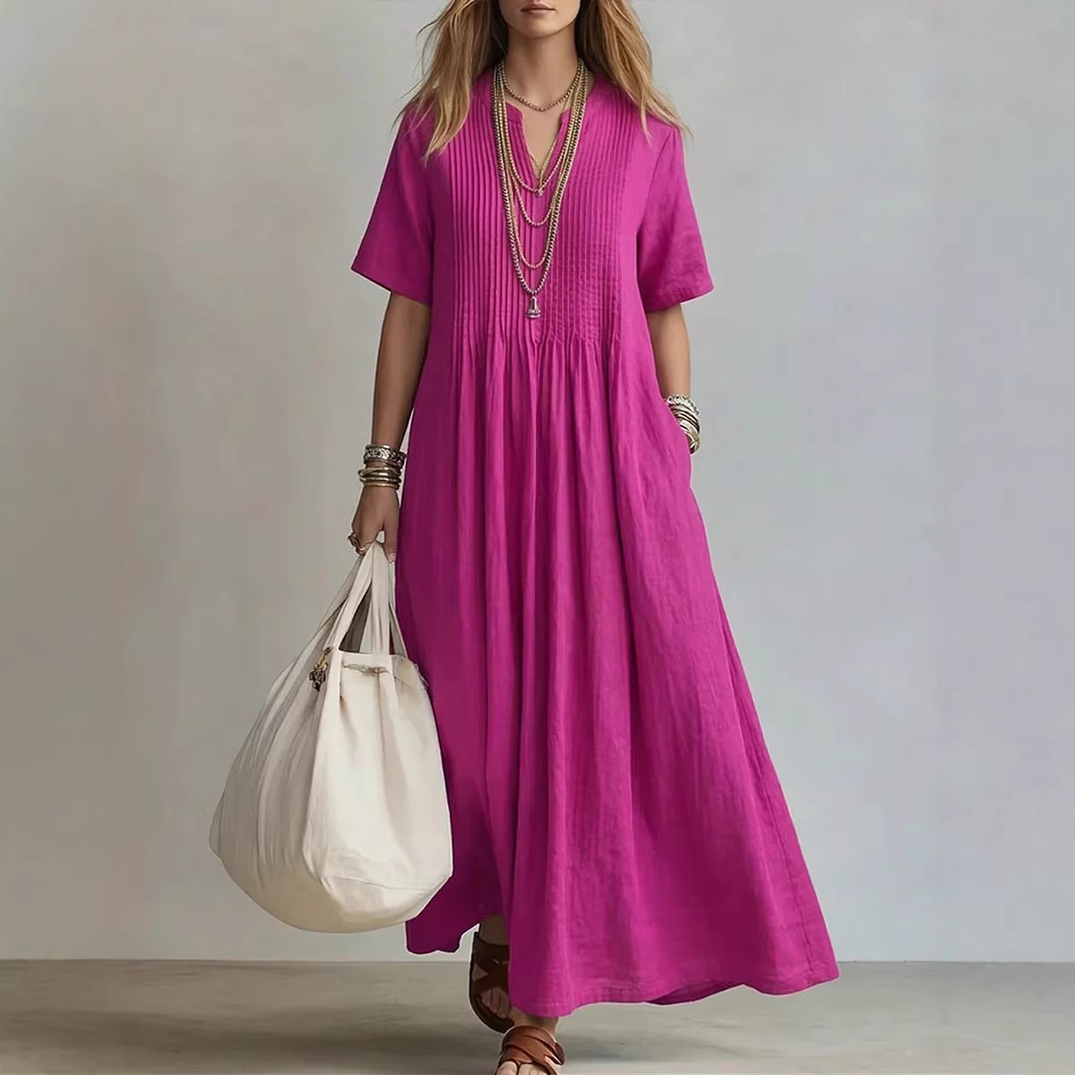 Casual Loose V-Neck Short-Sleeve Pleated Cotton-Linen Dress