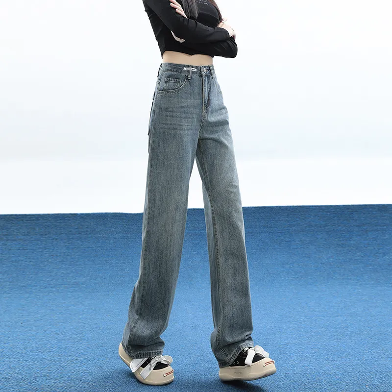 Fleece Padded Jeans Women's High Waist Loose Design - Blue Cropped Trousers