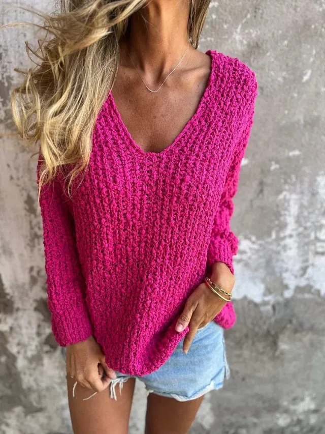 Autumn And Winter New Coarse Flower Knitted V neck Laid back Long Sleeve Sweater Rose Red - Shop at LoveMi