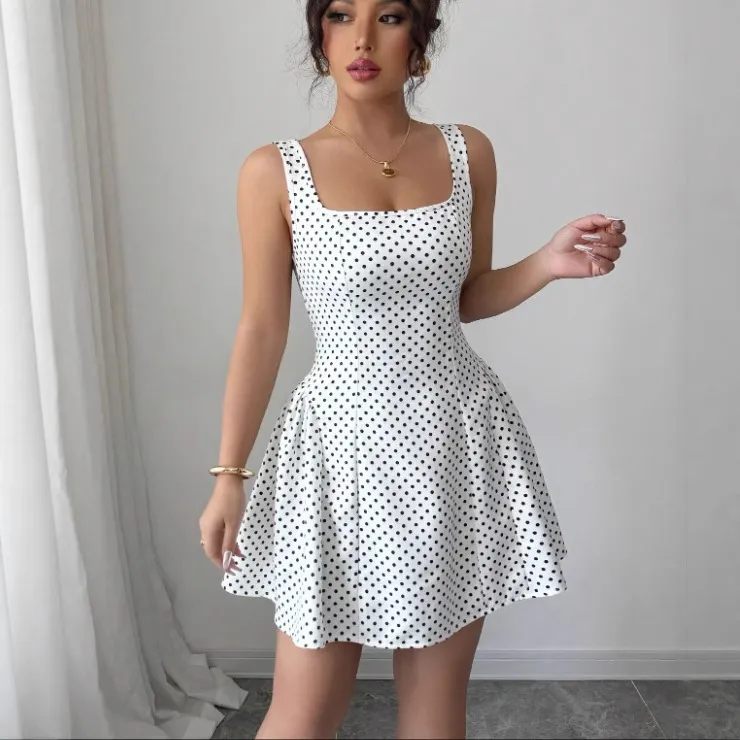 Pure Desire Wind Lace-up Waist Polka Dot Vest Dress - White