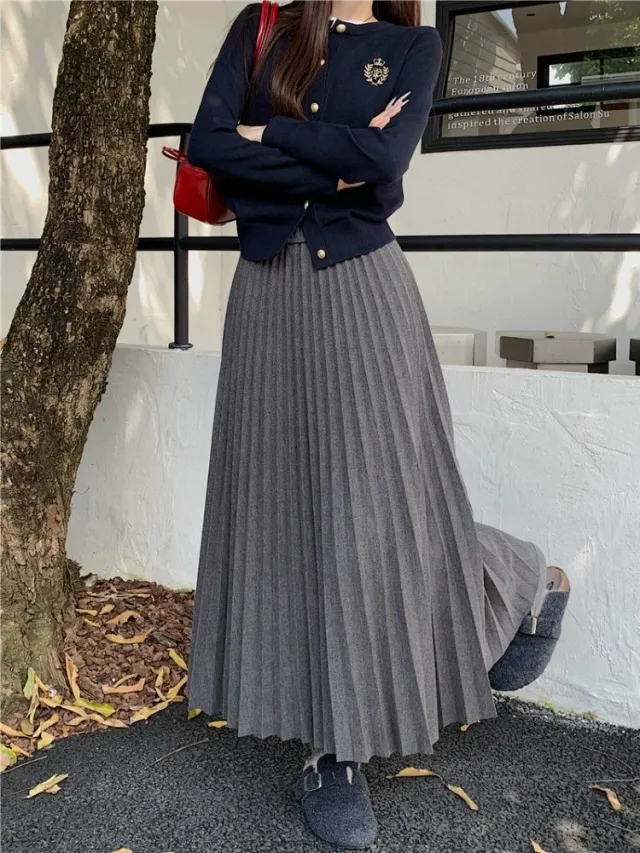 Highwaisted Aline Pleated Wool Midi Skirt For Women Gray - Shop at LoveMi