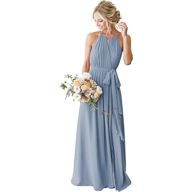 Halter Top Belted Long Boho Bridesmaid Dress