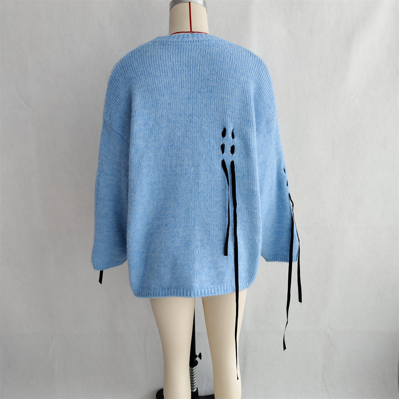 Handmade Lace-up Knitted Round Neck Long Sleeve Loose Sweater