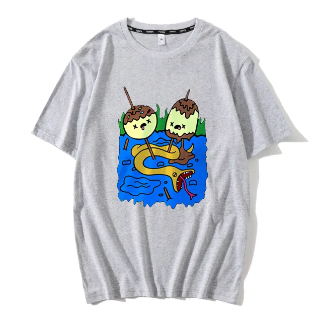 Round Neck Loose Cartoon Pattern Printed T shirt Summer Short sleeved Top Gray - Shop at LoveMi