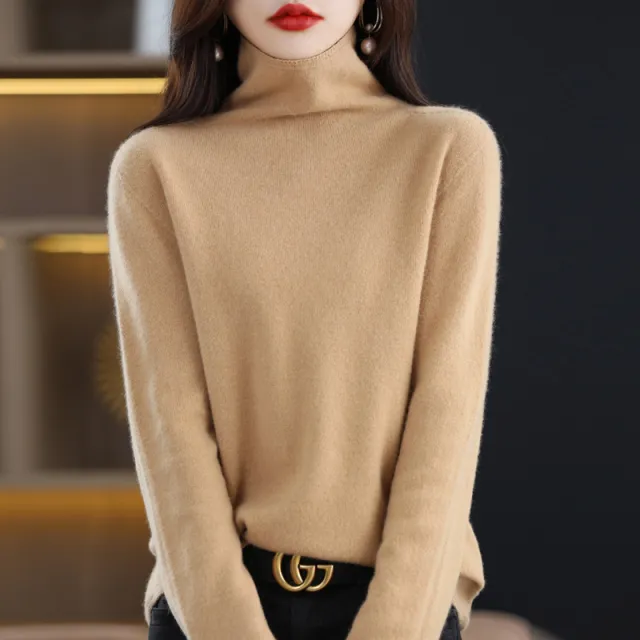 Women's Pile Collar Pullover Long sleeved Sweater Golden Camel - Shop at LoveMi