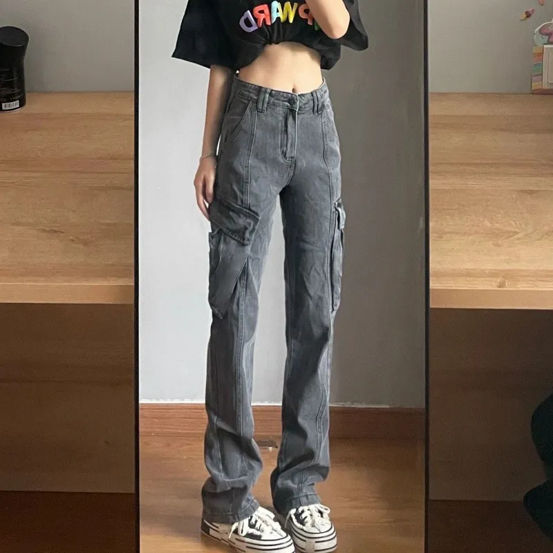 Retro Washed Gray Large Workwear With Pocket Jeans For Women - Gray