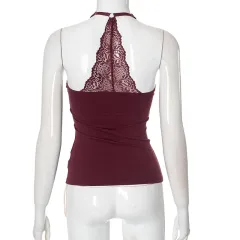 European And American Solid Color Sexy Lace Off-the-shoulder Strap Top - Wine - View 1