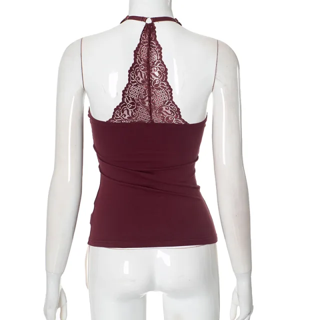 European And American Solid Color Sexy Lace Off the shoulder Strap Top Wine - Shop at LoveMi