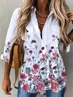 Women's Digital Printing Long Sleeve Shirt Top - Lakeside Flower-L - View 1