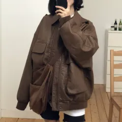Retro Lapels Biker's Leather Jacket Loose Casual With Big Pockets Jacket - Brown - View 1