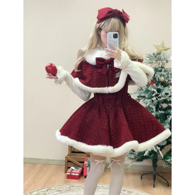Christmas New Year Red Battle Robe Bow Cape Coat Knitted Top Red - Shop at LoveMi