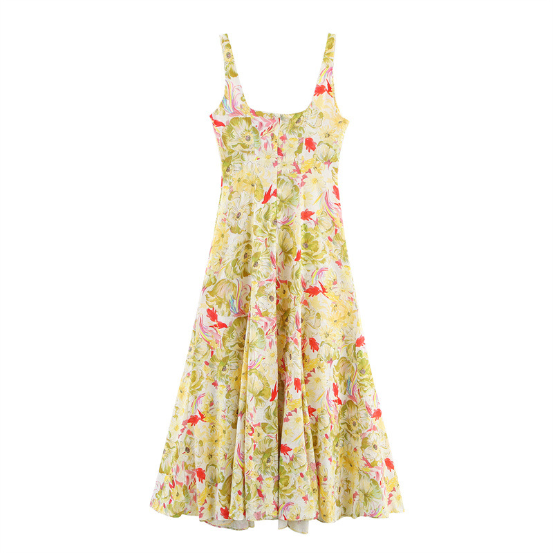 European And American Style Linen Blended Printed Sleeveless Sling Dress