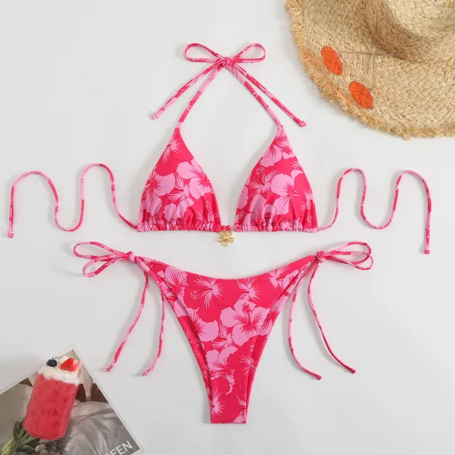 Double sided Bikini Printed Polo Neck Lace up Swimsuit Rose - Shop at LoveMi