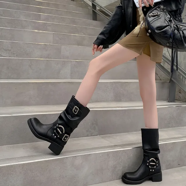 Western Belt Buckle Pile Style Boots Female Tall Knight Boots Black - Shop at LoveMi