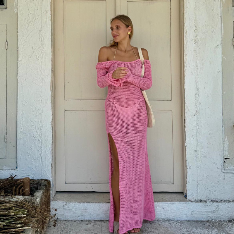 Laid-back Loose-fitting Open-back Side-slit Hollow-out Knit Dress For Women