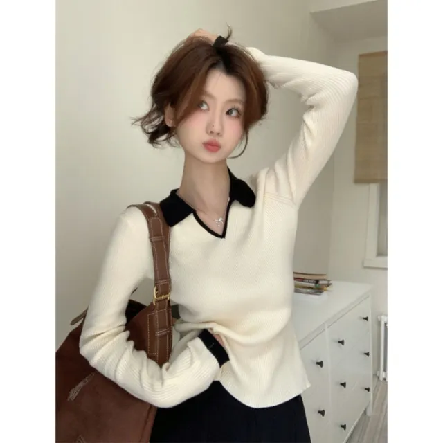 Contrast Color Bottoming Knitwear Casual Sweater Apricot - Shop at LoveMi