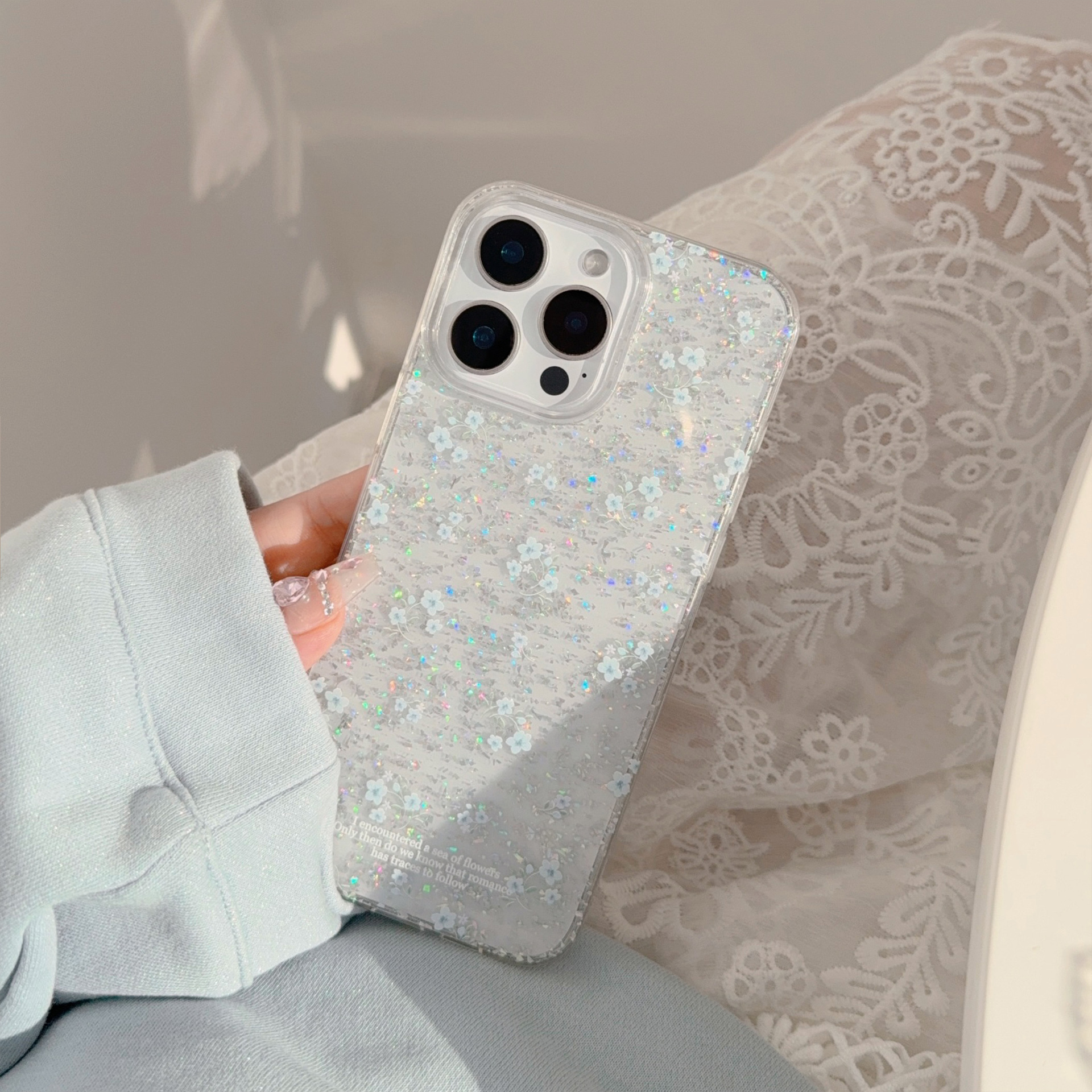 Soft Blue Floral Phone Case With Shimmering Glitter