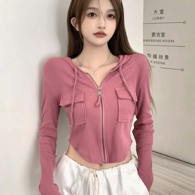 Short Hooded Cardigan Coat Women Pink - Shop at LoveMi