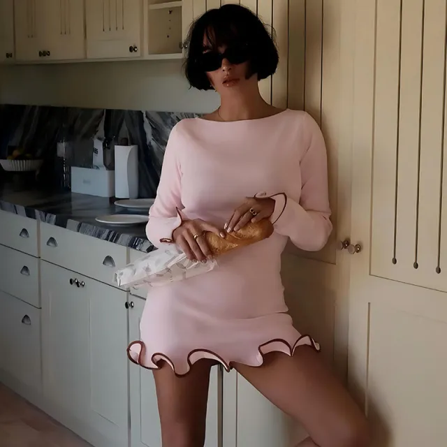 Autumn And Winter New Temperament Pure Color Round neck Long sleeved Dress Pink - Shop at LoveMi