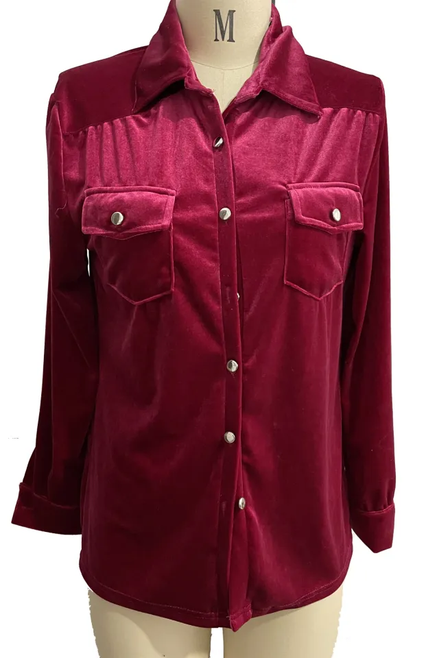 Loose Leisure All matching Pleuche Long Sleeve Shirt Burgundy - Shop at LoveMi