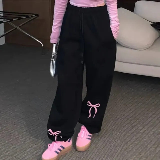 Drawstring Elastic High Waist Ankle tied Bow Casual Sweatpants Black - Shop at LoveMi