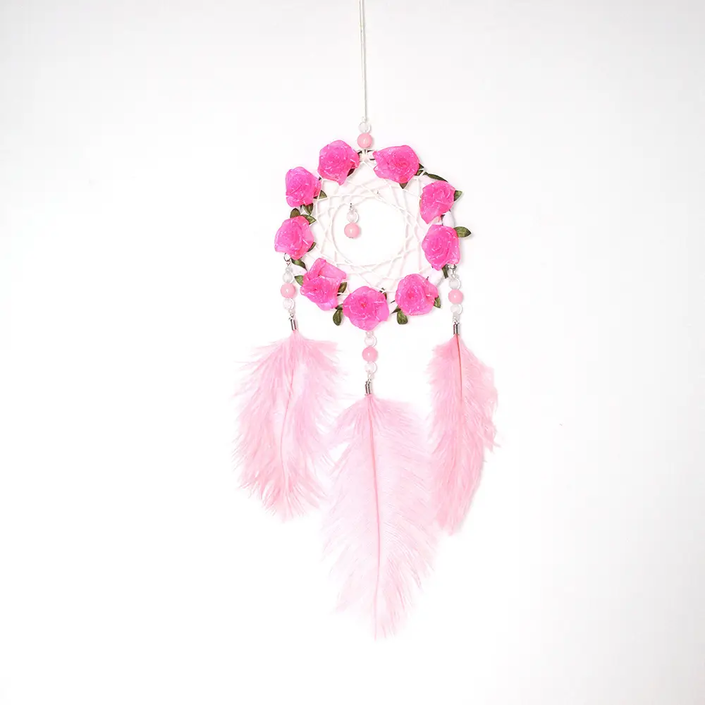 Women's Dreamcatcher Wind Chimes Room Decorative Pink Ostrich Feather Ornaments