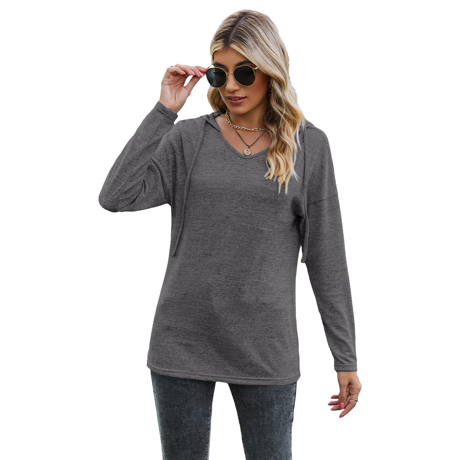 Solid Color And V neck Hooded Long sleeved Casual Bottoming T shirt Gray - Shop at LoveMi