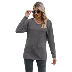 Solid Colour And V-neck Hooded Long-sleeved Casual Bottoming T-shirt - Grey - View 1