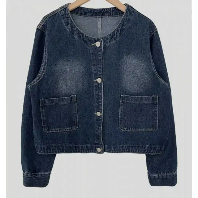 Retro Crew Neck Double Pocket Simple Wash Denim Jacket Dark Blue - Shop at LoveMi