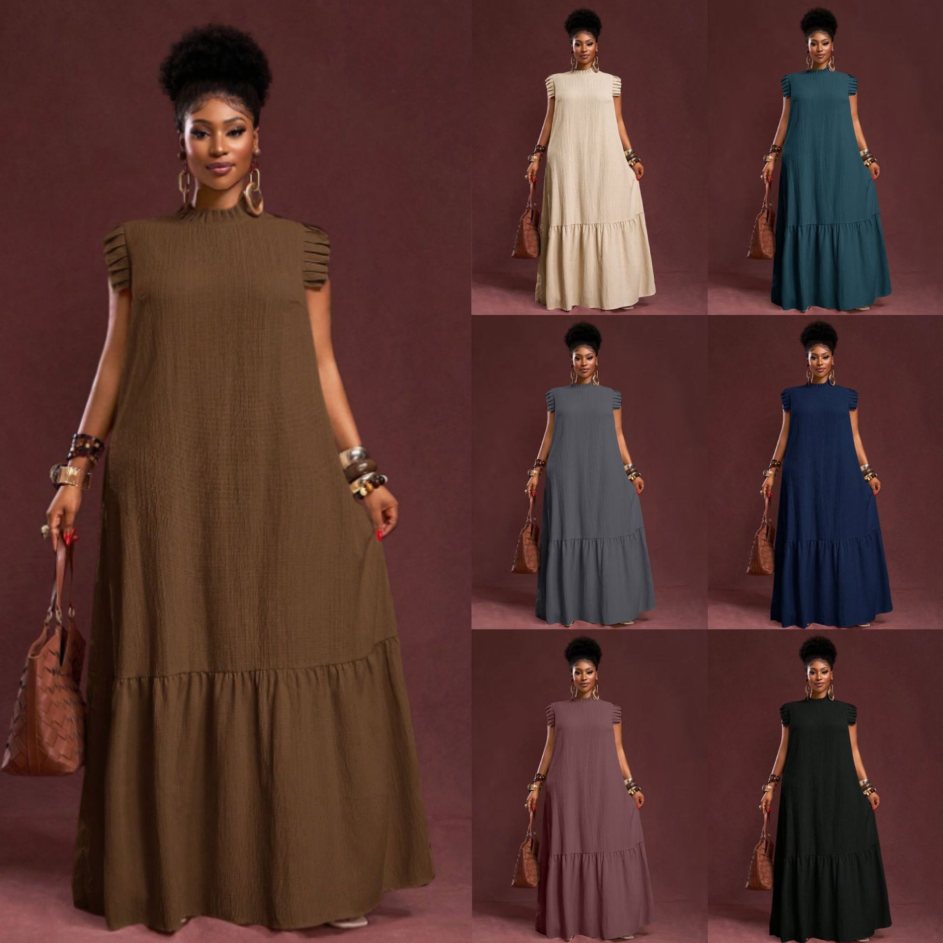 Lotus-Leaf Sleeve Solid-Color Plus-Size Loose-Fit Dress
