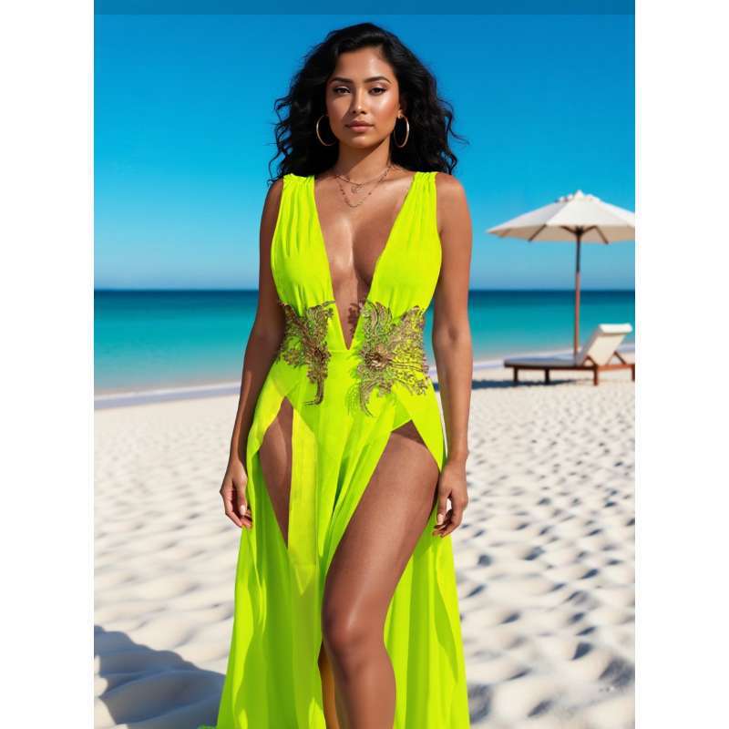Deep V High slit Dress For A Beachy Vacation Look Yellow - Shop at LoveMi