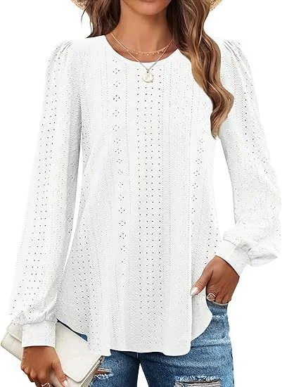 Women's Loose Casual Lantern Sleeve Long Sleeve T shirt White - Shop at LoveMi