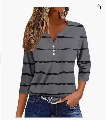 Women's T shirt V neck Half open Tube Three button Printed 34 Sleeves Top 51 Style - Shop at LoveMi