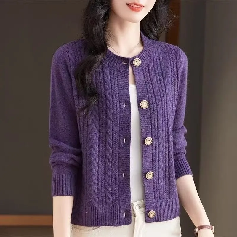 Loose And Lazy Round Neck Stylish Versatile Cable Knit Sweater - Round Purple