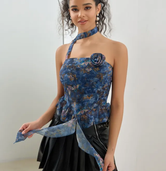 Ins European And American Style Fashion Three dimensional Flower Tube Top Ruffled Vest Blue - Shop at LoveMi
