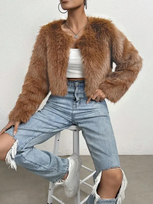 Fashionable Winter Wear Thickened Warm Long sleeved Cardigan Fur Coat Coffee - Shop at LoveMi