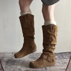 Womens Fashionable Vintage Denim Long Boots - Brown - View 1